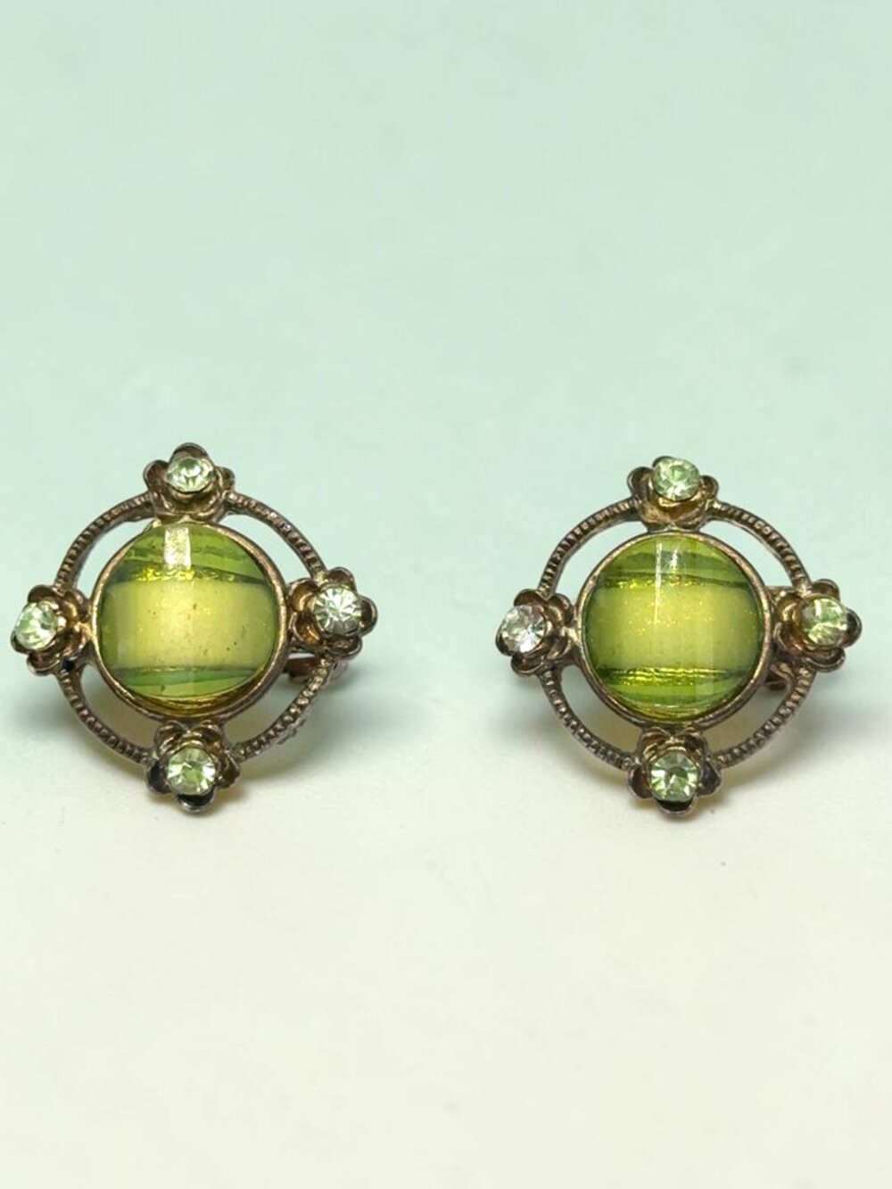 Vintage Green Round Clip-On Earrings